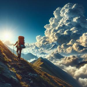 backpacker hiking up a mountain on blue sky with puffy white clouds-4